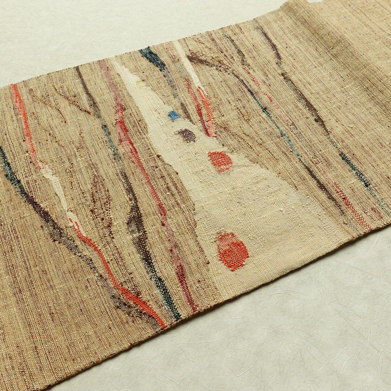 名古屋帯 太鼓柄 良品 正絹 幾何学柄・抽象柄 松葉仕立て なごや帯 リサイクル帯 帯 紬地 ベージュ_画像11