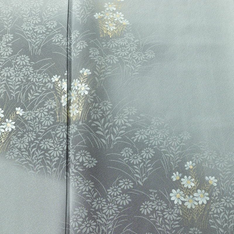付け下げ 一つ紋付き 正絹 花柄 袷仕立て 身丈158cm 裄丈64.5cm リサイクル着物 着物 箔 入学式 卒業式 七五三 お宮参り フォーマル 上品 グレー_画像6