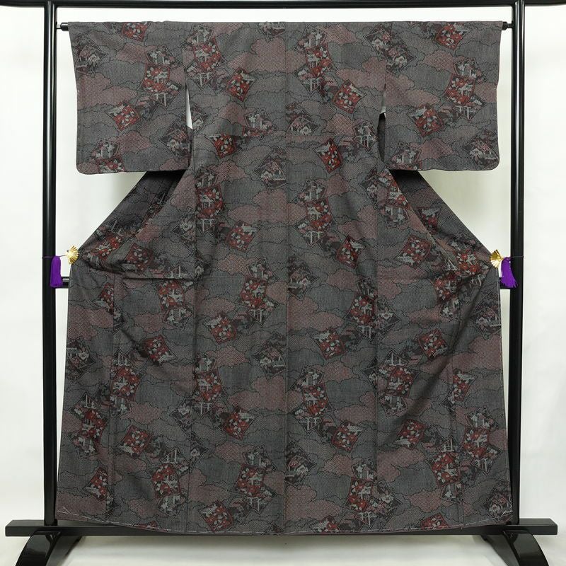 紬 美品 しつけ糸付き 華文紬 手織つむぎ 正絹 古典柄 袷仕立て 身丈158.5cm 裄丈64cm リサイクル着物 着物 黒_画像1