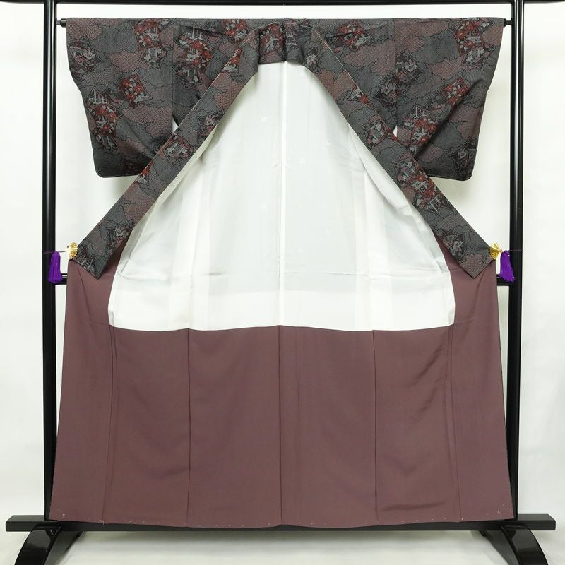 紬 美品 しつけ糸付き 華文紬 手織つむぎ 正絹 古典柄 袷仕立て 身丈158.5cm 裄丈64cm リサイクル着物 着物 黒_画像3