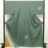 付け下げ 良品 落款入り 正絹 花柄 袷仕立て 身丈166cm 裄丈70cm リサイクル着物 着物 箔 金彩 入学式 卒業式 七五三 お宮参り フォーマル モダン シンプル 緑・うぐいす色_画像1