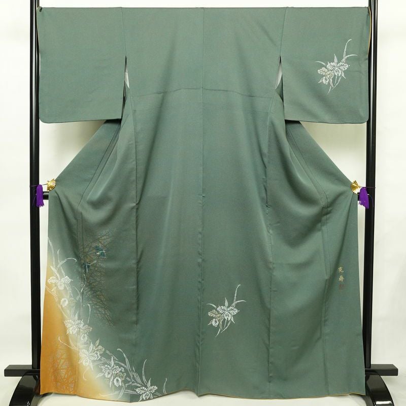 付け下げ 良品 落款入り 正絹 花柄 袷仕立て 身丈166cm 裄丈70cm リサイクル着物 着物 箔 金彩 入学式 卒業式 七五三 お宮参り フォーマル モダン シンプル 緑・うぐいす色_画像1