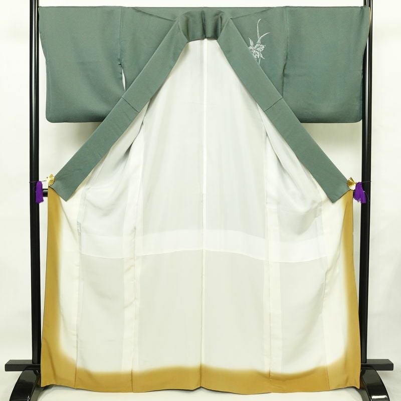 付け下げ 良品 落款入り 正絹 花柄 袷仕立て 身丈166cm 裄丈70cm リサイクル着物 着物 箔 金彩 入学式 卒業式 七五三 お宮参り フォーマル モダン シンプル 緑・うぐいす色_画像3