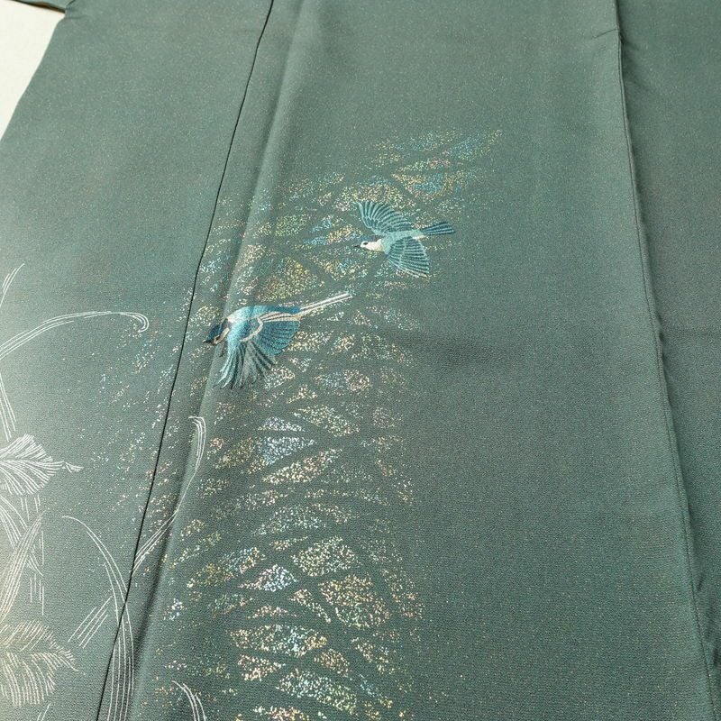 付け下げ 良品 落款入り 正絹 花柄 袷仕立て 身丈166cm 裄丈70cm リサイクル着物 着物 箔 金彩 入学式 卒業式 七五三 お宮参り フォーマル モダン シンプル 緑・うぐいす色_画像5