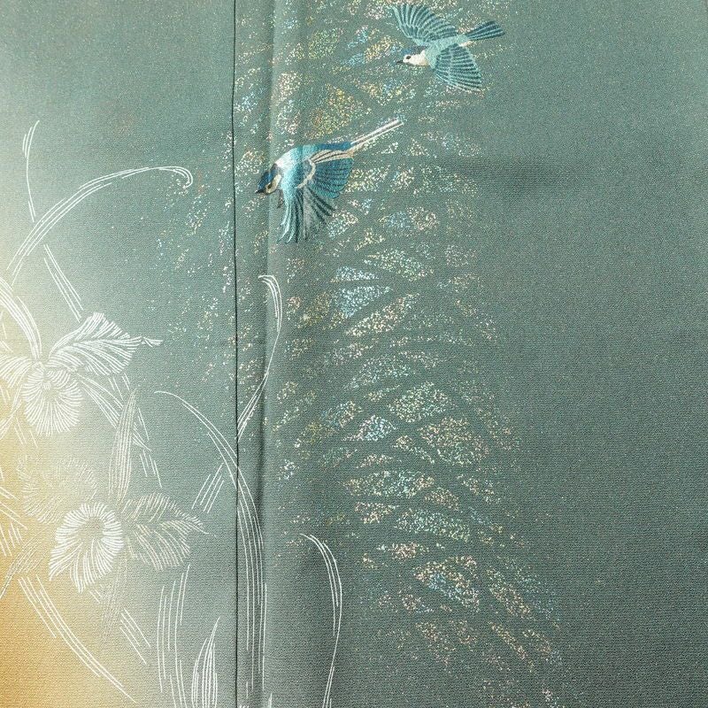 付け下げ 良品 落款入り 正絹 花柄 袷仕立て 身丈166cm 裄丈70cm リサイクル着物 着物 箔 金彩 入学式 卒業式 七五三 お宮参り フォーマル モダン シンプル 緑・うぐいす色_画像6