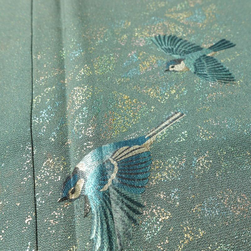 付け下げ 良品 落款入り 正絹 花柄 袷仕立て 身丈166cm 裄丈70cm リサイクル着物 着物 箔 金彩 入学式 卒業式 七五三 お宮参り フォーマル モダン シンプル 緑・うぐいす色_画像7