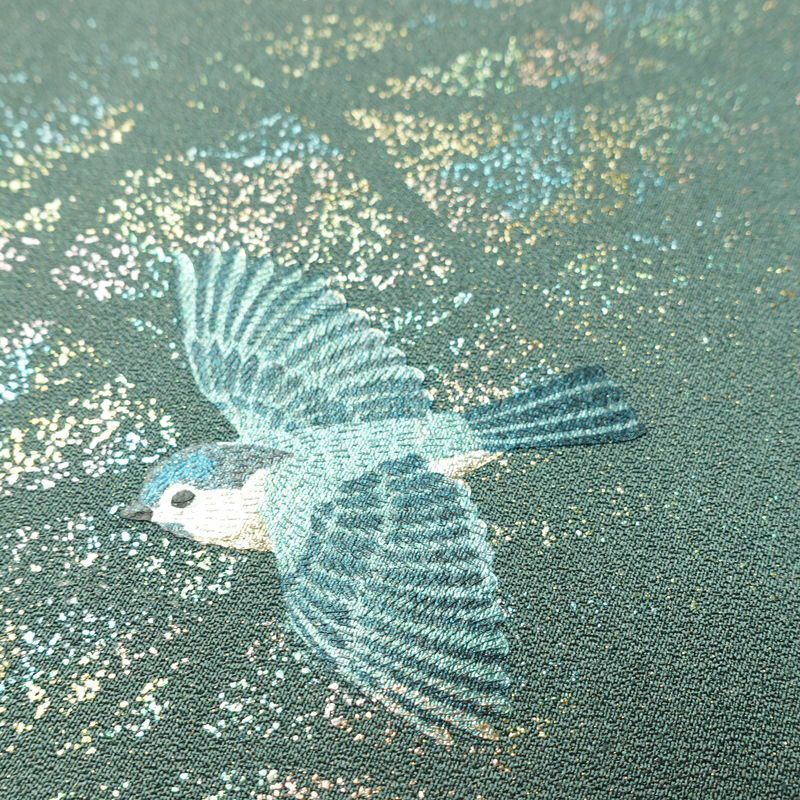 付け下げ 良品 落款入り 正絹 花柄 袷仕立て 身丈166cm 裄丈70cm リサイクル着物 着物 箔 金彩 入学式 卒業式 七五三 お宮参り フォーマル モダン シンプル 緑・うぐいす色_画像8