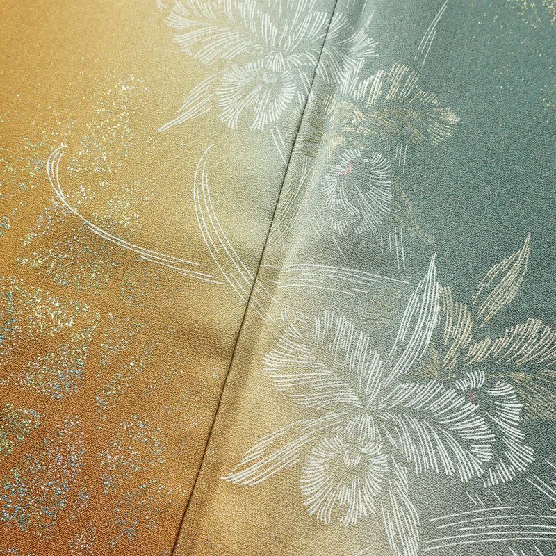 付け下げ 良品 落款入り 正絹 花柄 袷仕立て 身丈166cm 裄丈70cm リサイクル着物 着物 箔 金彩 入学式 卒業式 七五三 お宮参り フォーマル モダン シンプル 緑・うぐいす色_画像10