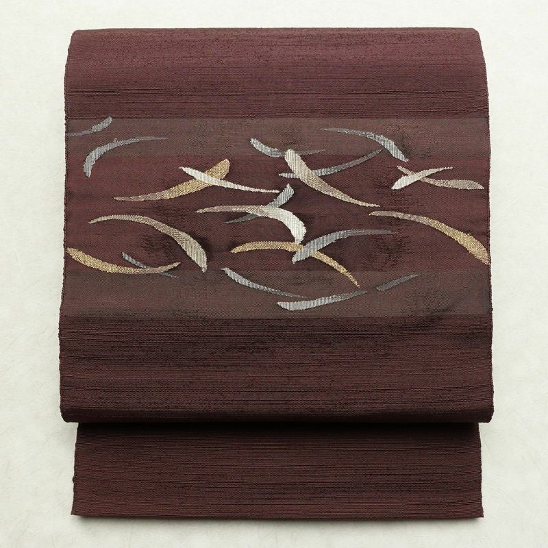 名古屋帯 太鼓柄 良品 正絹 幾何学柄・抽象柄 松葉仕立て なごや帯 リサイクル帯 帯 小豆・エンジ_画像1