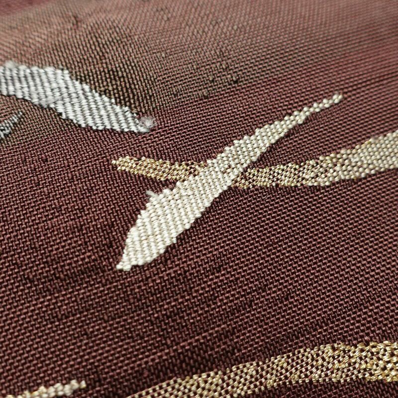 名古屋帯 太鼓柄 良品 正絹 幾何学柄・抽象柄 松葉仕立て なごや帯 リサイクル帯 帯 小豆・エンジ_画像6