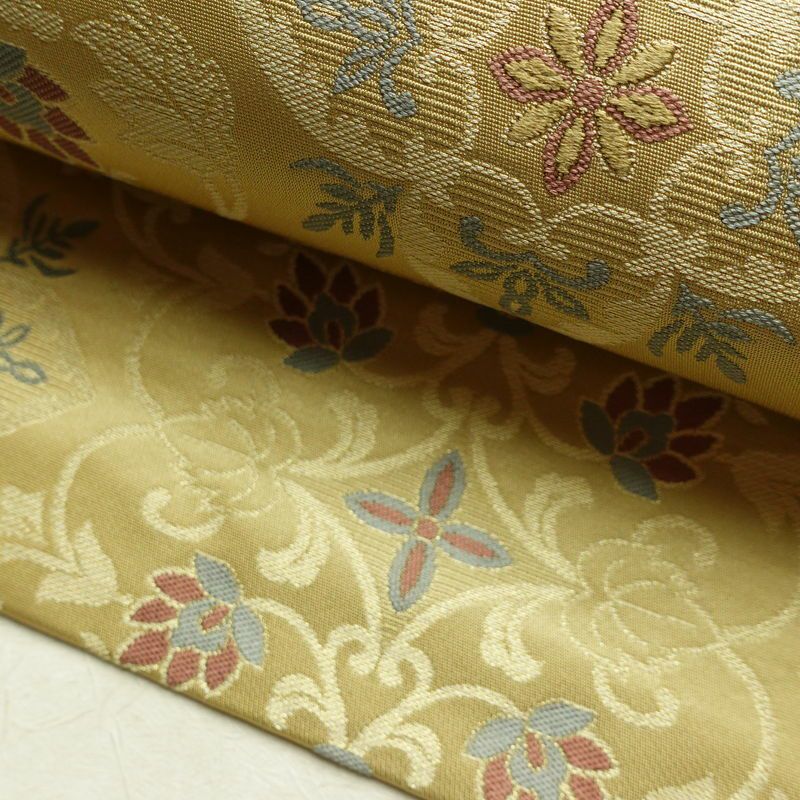 名古屋帯 六通柄 正絹 木の葉・植物柄 名古屋仕立て なごや帯 リサイクル帯 帯 金糸 ベージュ_画像7