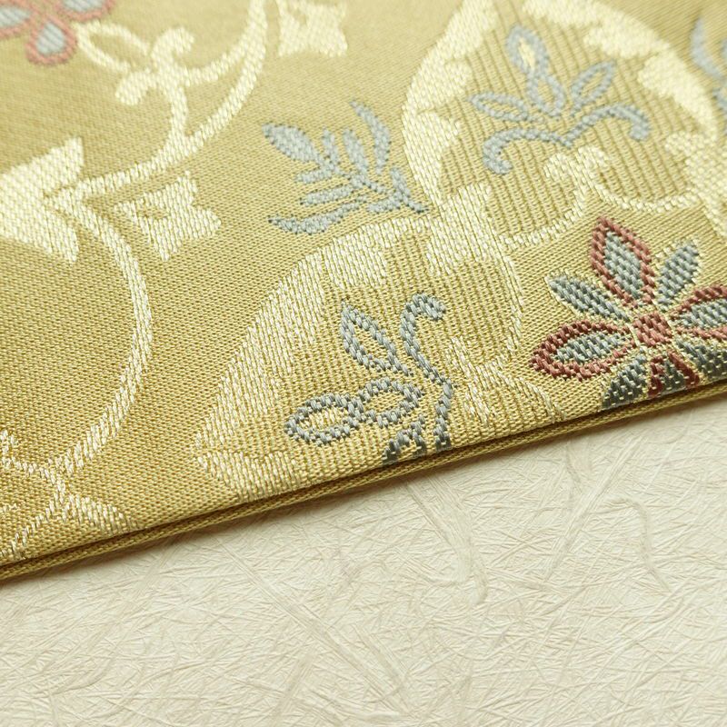 名古屋帯 六通柄 正絹 木の葉・植物柄 名古屋仕立て なごや帯 リサイクル帯 帯 金糸 ベージュ_画像12