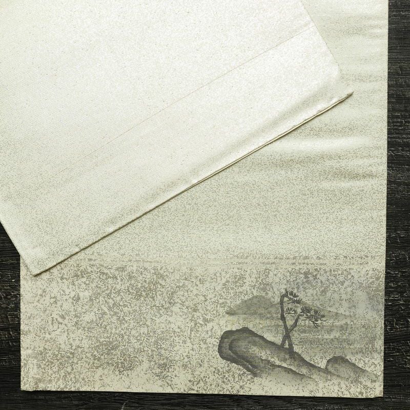 名古屋帯 太鼓柄 正絹 風景柄 通し仕立て なごや帯 リサイクル帯 帯 箔 白_画像11