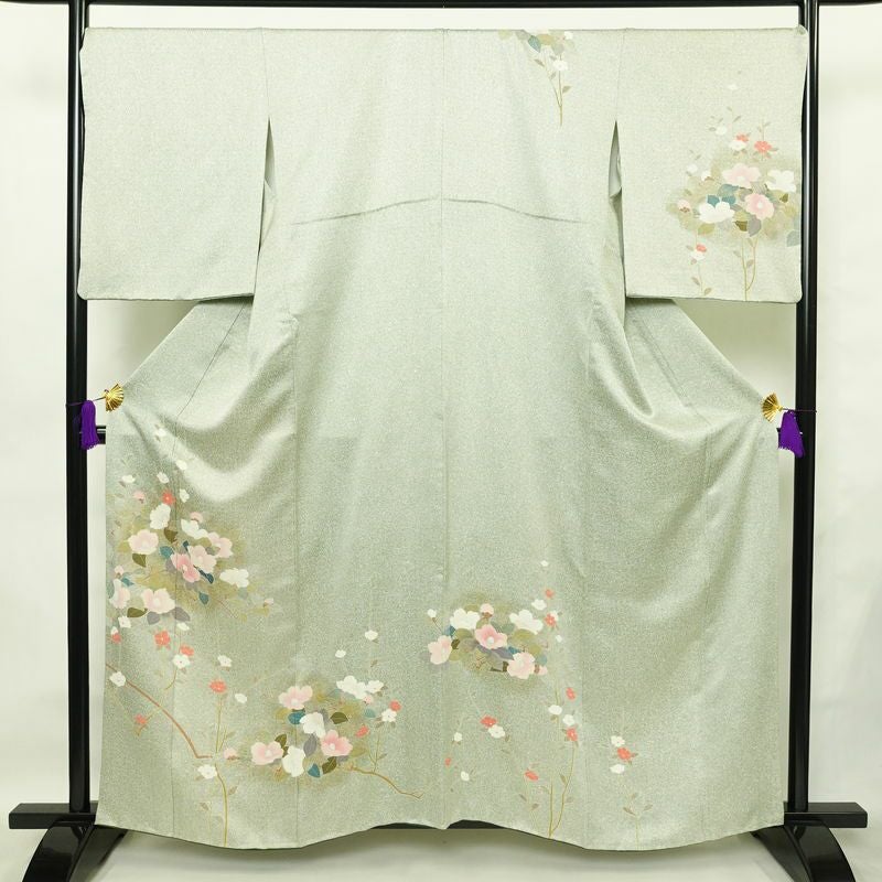 訪問着 良品 正絹 花柄 袷仕立て 身丈159.5cm 裄丈70cm リサイクル着物 着物 箔 入学式 卒業式 七五三 お宮参り フォーマル 緑・うぐいす色_画像1