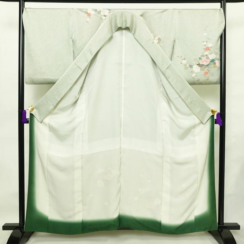 訪問着 良品 正絹 花柄 袷仕立て 身丈159.5cm 裄丈70cm リサイクル着物 着物 箔 入学式 卒業式 七五三 お宮参り フォーマル 緑・うぐいす色_画像3