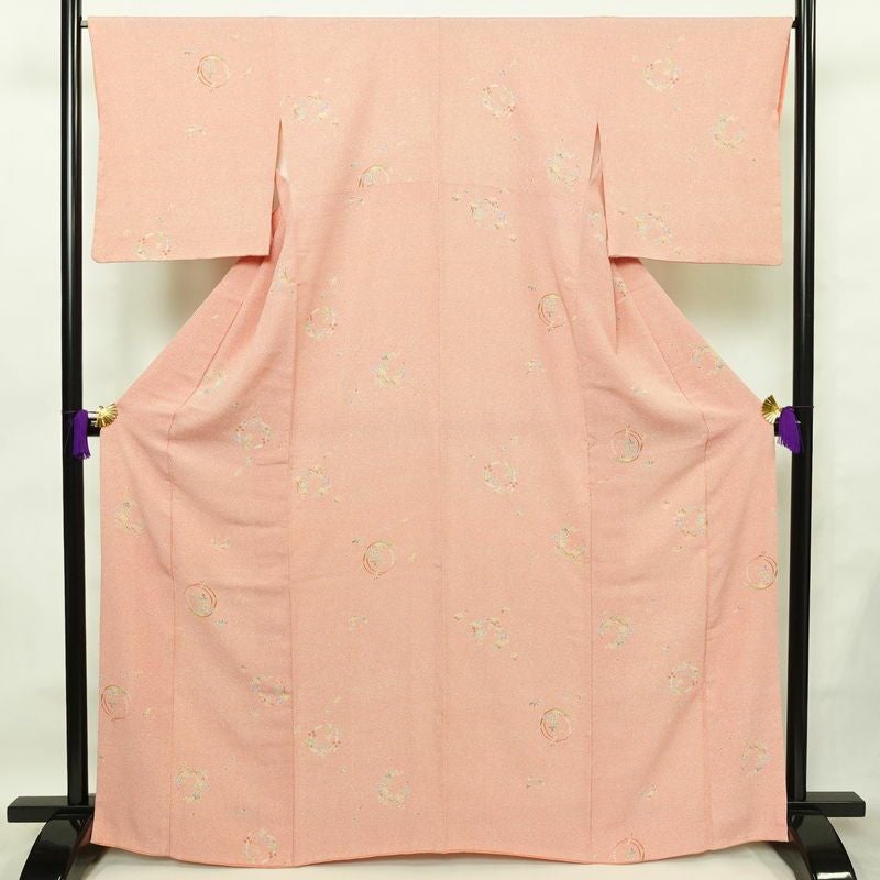 小紋 縮緬 正絹 木の葉・植物柄 袷仕立て 身丈165cm 裄丈67cm リサイクル着物 着物 ピンク_画像1