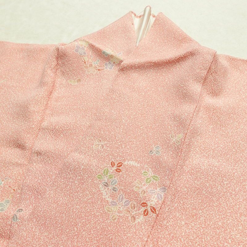 小紋 縮緬 正絹 木の葉・植物柄 袷仕立て 身丈165cm 裄丈67cm リサイクル着物 着物 ピンク_画像17