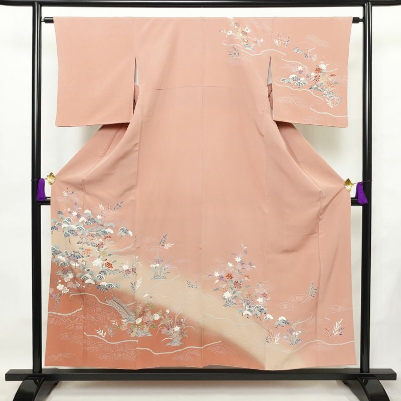 訪問着 縮緬 一つ紋付き 伊達衿付き 正絹 風景柄 袷仕立て 身丈155cm 裄丈63cm リサイクル着物 着物 箔 入学式 卒業式 七五三 お宮参り フォーマル 共八掛 上品 くすみピンク ピンク_画像1