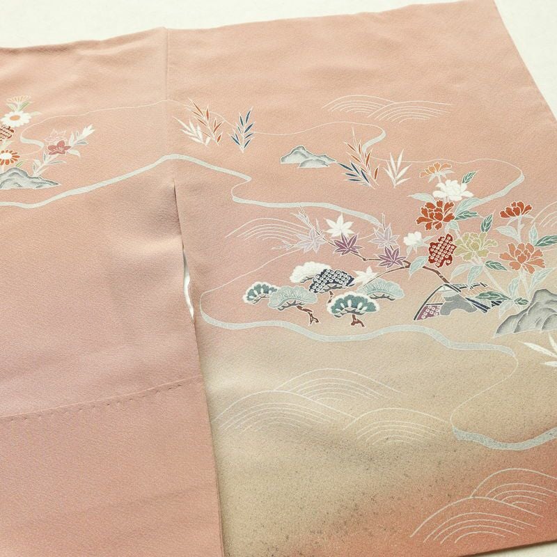 訪問着 縮緬 一つ紋付き 伊達衿付き 正絹 風景柄 袷仕立て 身丈155cm 裄丈63cm リサイクル着物 着物 箔 入学式 卒業式 七五三 お宮参り フォーマル 共八掛 上品 くすみピンク ピンク_画像15