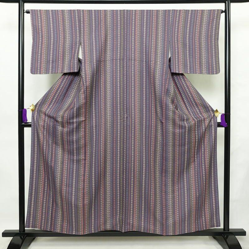 小紋 総柄 正絹 縞柄・線柄 袷仕立て 身丈156.5cm 裄丈64cm リサイクル着物 着物 紫・藤色_画像1