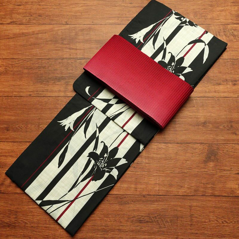 新品 浴衣 帯 2点セット 女性用 綿 平織 古典柄 浴衣 半幅帯 未使用品 百合 シック 縞_画像1