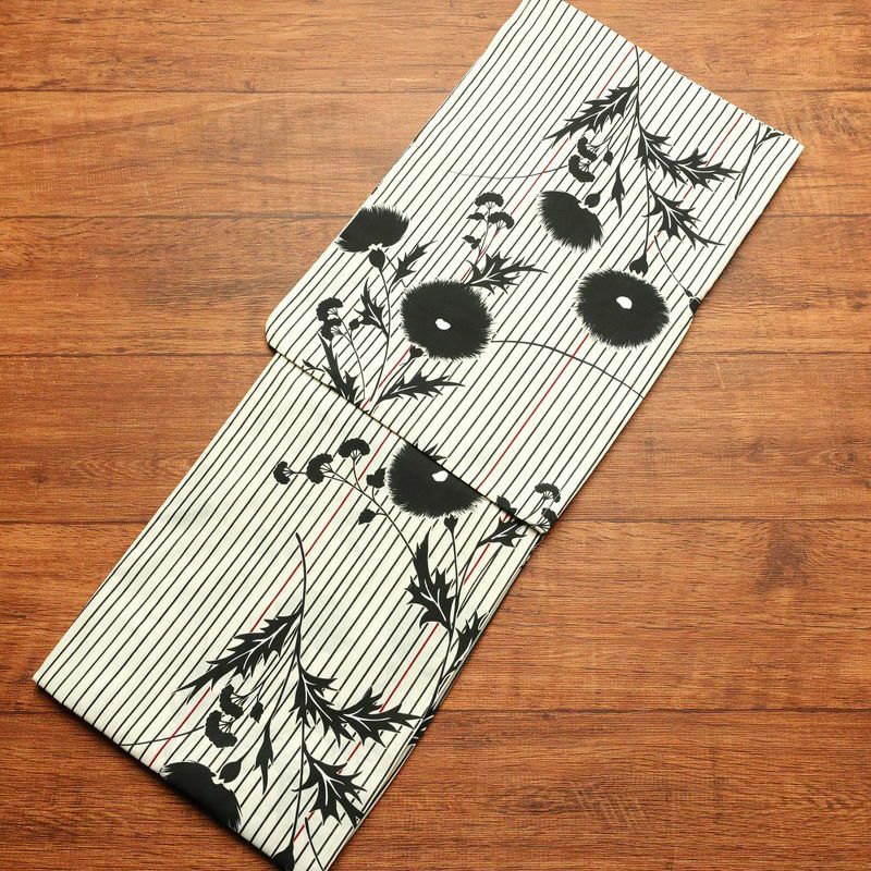 新品 浴衣 帯 2点セット 女性用 綿 平織 古典柄 浴衣 半幅帯 未使用品　アザミ 細縞 ストライプ_画像2