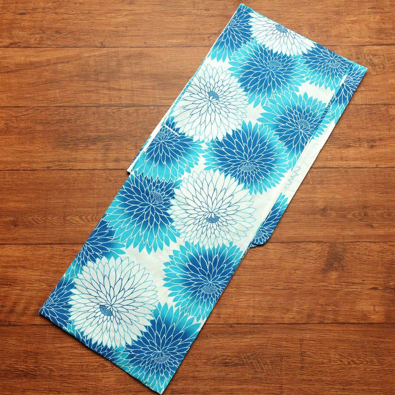 新品 浴衣 帯 2点セット 女性用 綿 平織 古典柄 浴衣 半幅帯 未使用品 菊 ブルー 菊づくし_画像3