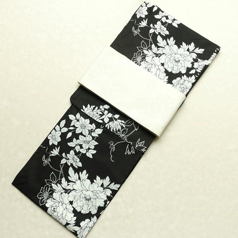 新品 浴衣 帯 2点セット 女性用 綿 平織 古典柄 浴衣 半幅帯 未使用品 芍薬 しっとり 黒_画像1