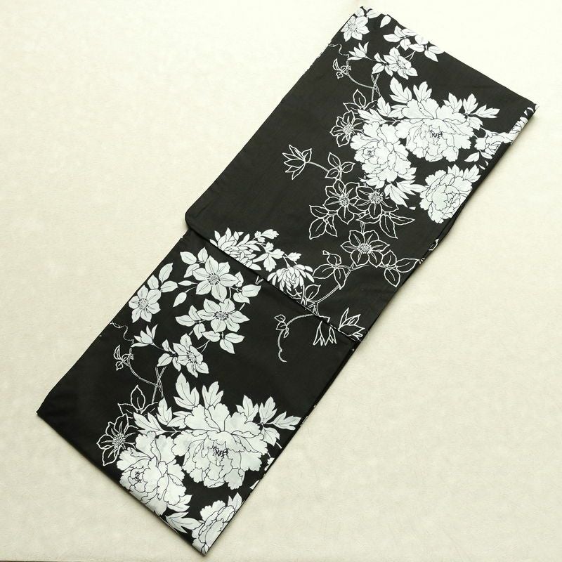新品 浴衣 帯 2点セット 女性用 綿 平織 古典柄 浴衣 半幅帯 未使用品 芍薬 しっとり 黒_画像2