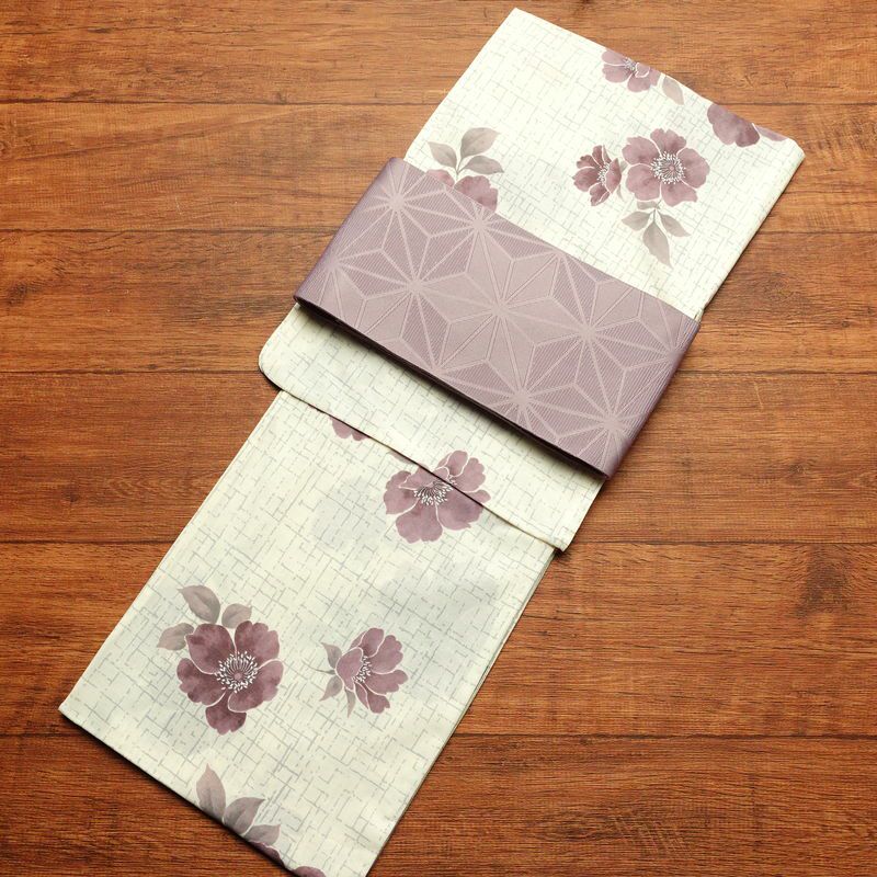 新品 浴衣 帯 2点セット 女性用 綿 平織 古典柄 浴衣 半幅帯 未使用品 小花 くすみピンク_画像1