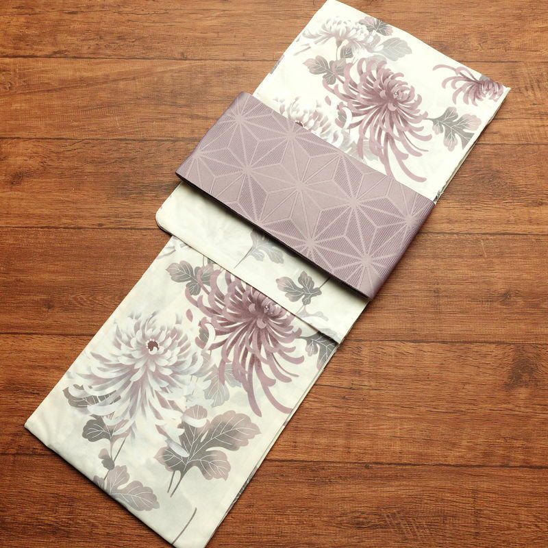 新品 浴衣 帯 2点セット 女性用 綿 平織 古典柄 浴衣 半幅帯 未使用品 乱菊 くすみピンク_画像1