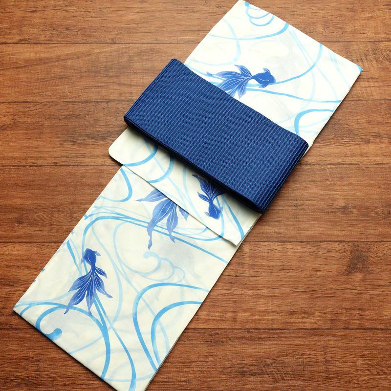 新品 浴衣 帯 2点セット 女性用 綿 平織 古典柄 浴衣 半幅帯 未使用品 金魚 青_画像1