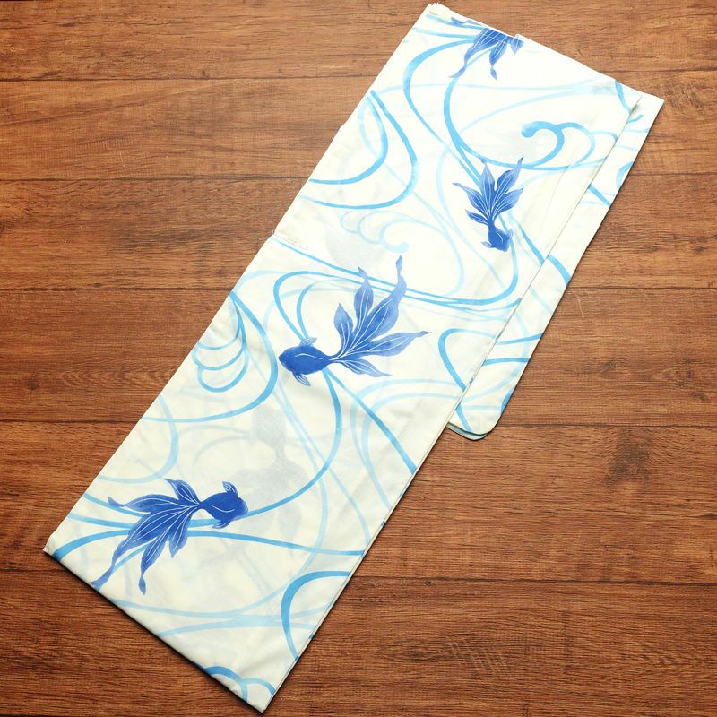 新品 浴衣 帯 2点セット 女性用 綿 平織 古典柄 浴衣 半幅帯 未使用品 金魚 青_画像3