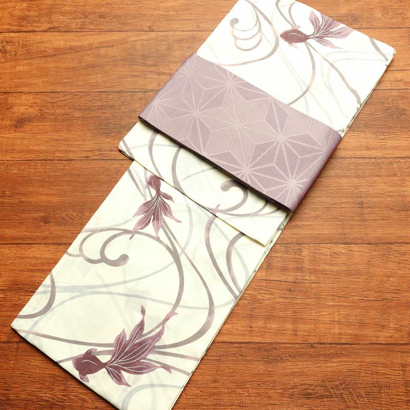 新品 浴衣 帯 2点セット 女性用 綿 平織 古典柄 浴衣 半幅帯 未使用品 金魚 くすみピンク_画像1