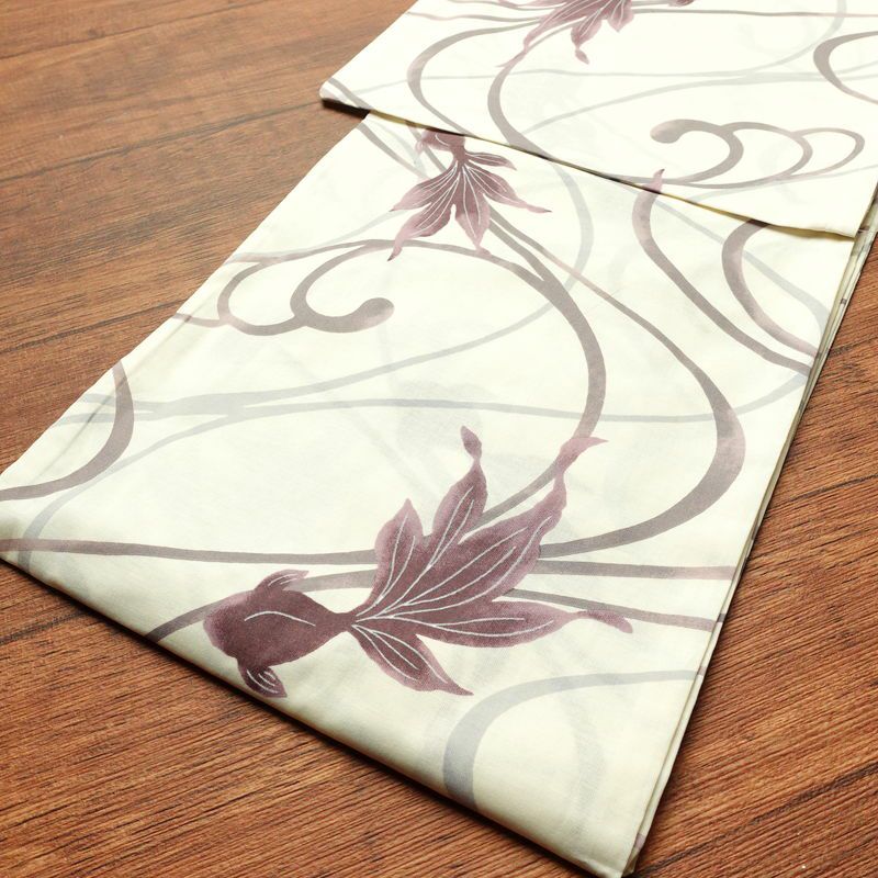 新品 浴衣 帯 2点セット 女性用 綿 平織 古典柄 浴衣 半幅帯 未使用品 金魚 くすみピンク_画像14