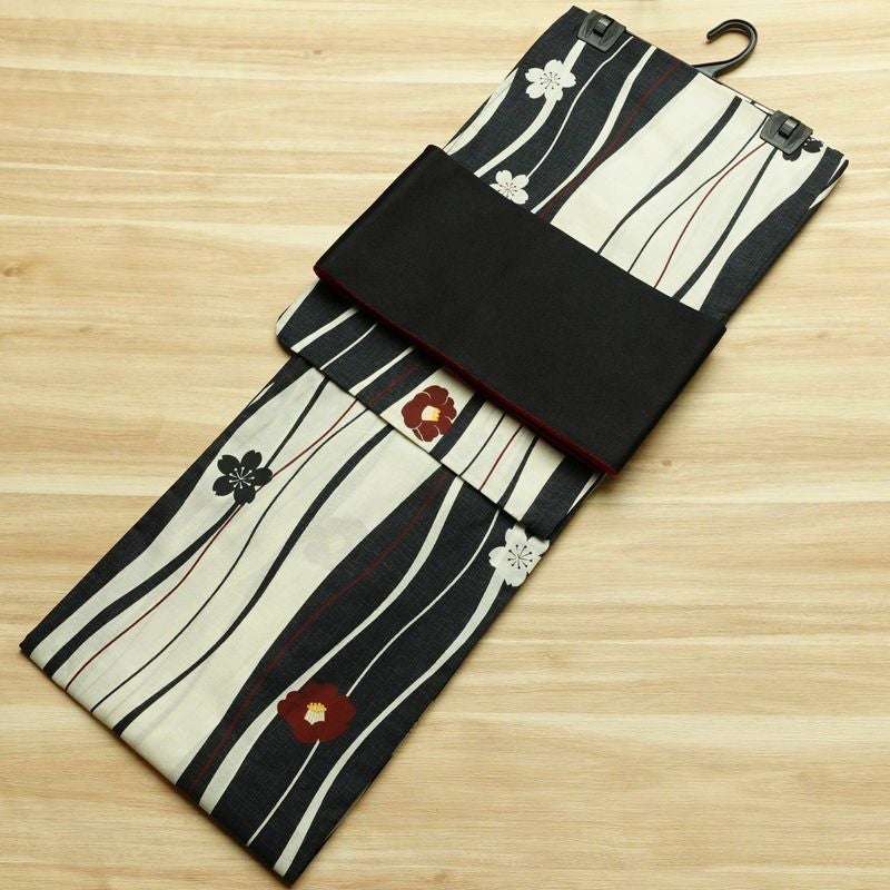 [訳あり]新品 浴衣 帯 2点セット 女性用 綿 平織 古典柄 浴衣 半幅帯 未使用品 乱縞 黒_画像1