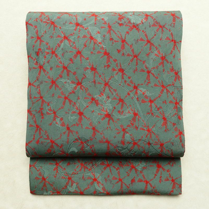 名古屋帯 全通柄 良品 正絹 古典柄 通し仕立て なごや帯 リサイクル帯 帯 緑・うぐいす色_画像1