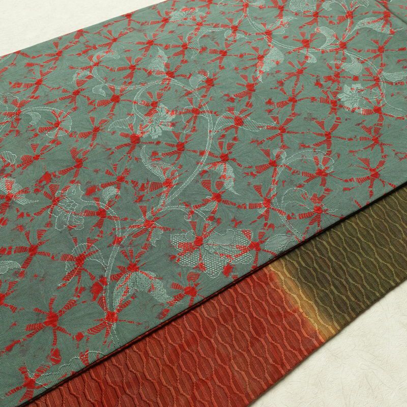 名古屋帯 全通柄 良品 正絹 古典柄 通し仕立て なごや帯 リサイクル帯 帯 緑・うぐいす色_画像13