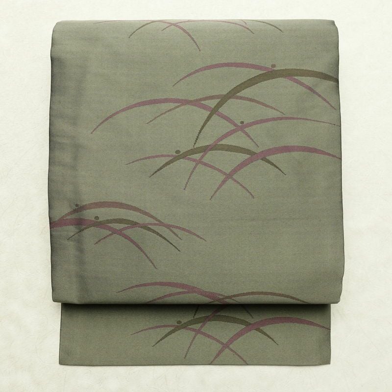 名古屋帯 全通柄 良品 正絹 木の葉・植物柄 名古屋仕立て なごや帯 リサイクル帯 露芝 帯 緑・うぐいす色_画像1