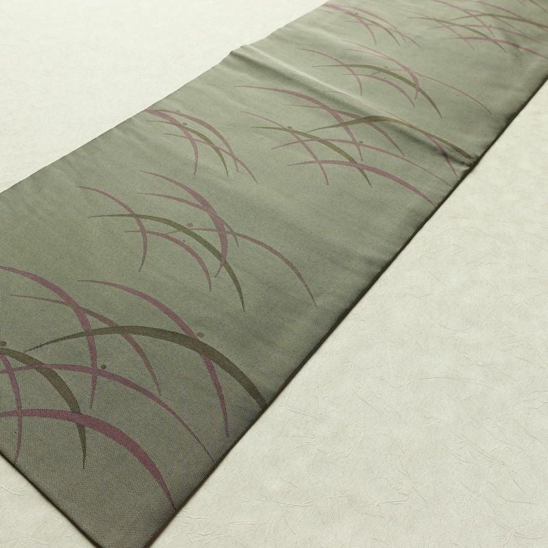 名古屋帯 全通柄 良品 正絹 木の葉・植物柄 名古屋仕立て なごや帯 リサイクル帯 露芝 帯 緑・うぐいす色_画像8