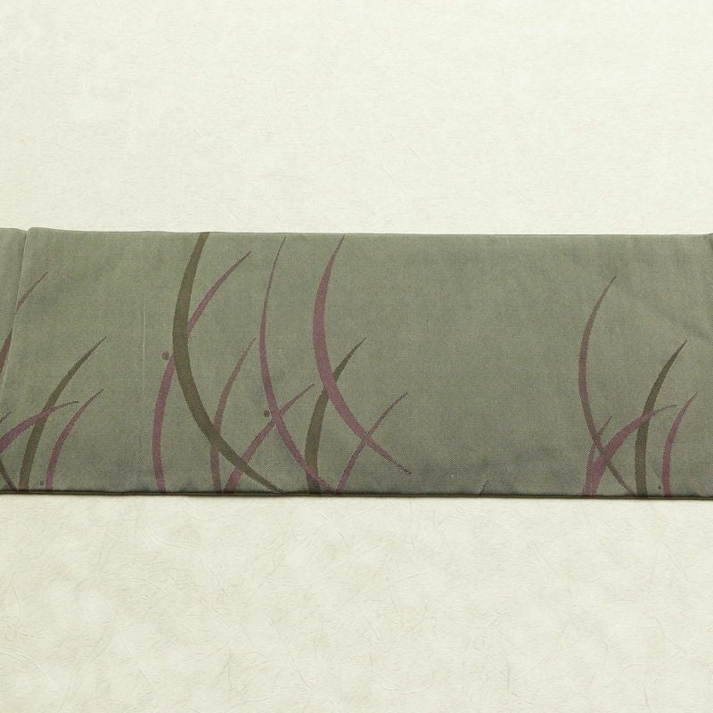 名古屋帯 全通柄 良品 正絹 木の葉・植物柄 名古屋仕立て なごや帯 リサイクル帯 露芝 帯 緑・うぐいす色_画像14