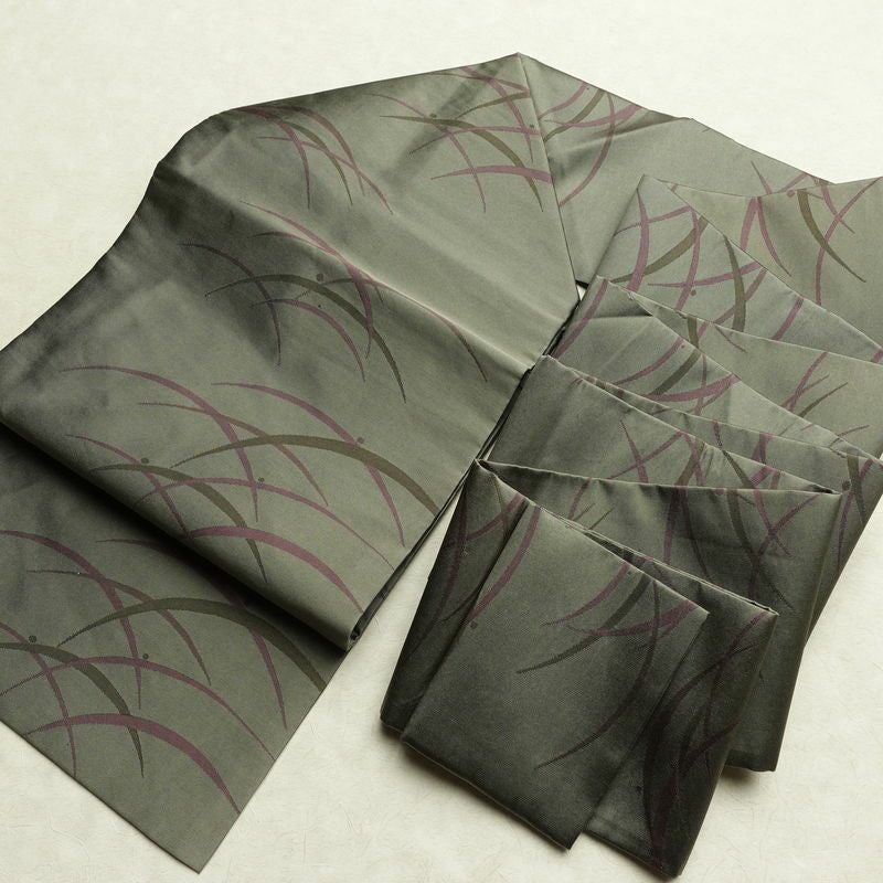 名古屋帯 全通柄 良品 正絹 木の葉・植物柄 名古屋仕立て なごや帯 リサイクル帯 露芝 帯 緑・うぐいす色_画像16