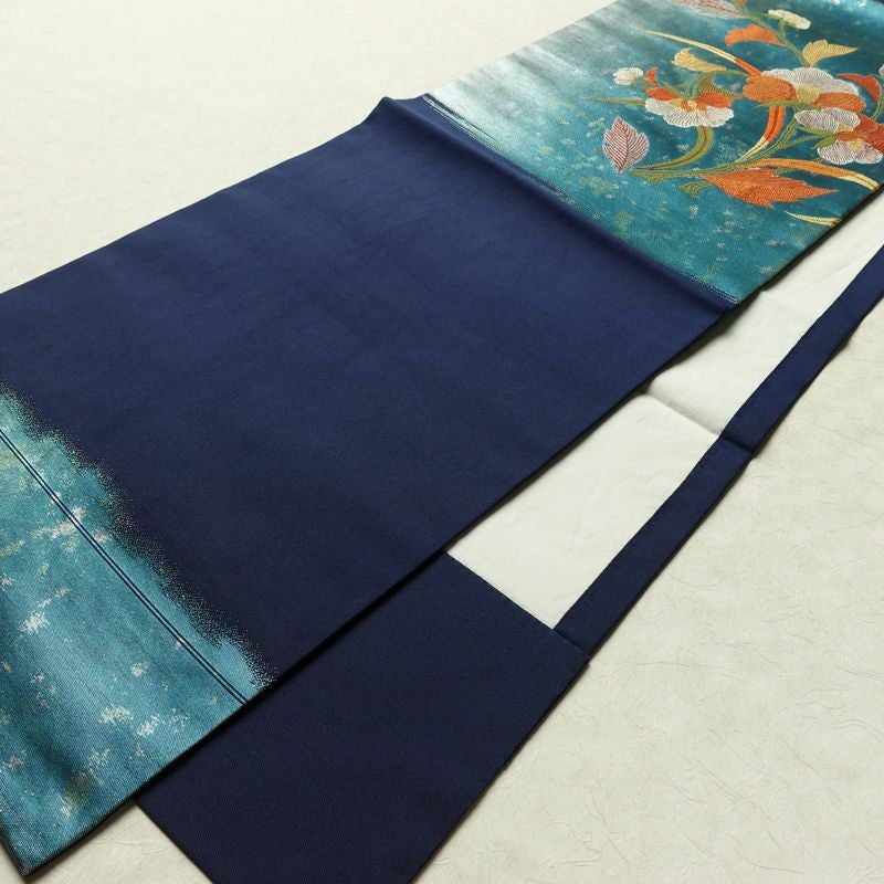名古屋帯 太鼓柄 正絹 花柄 通し仕立て なごや帯 リサイクル帯 帯 引箔 青・紺_画像9