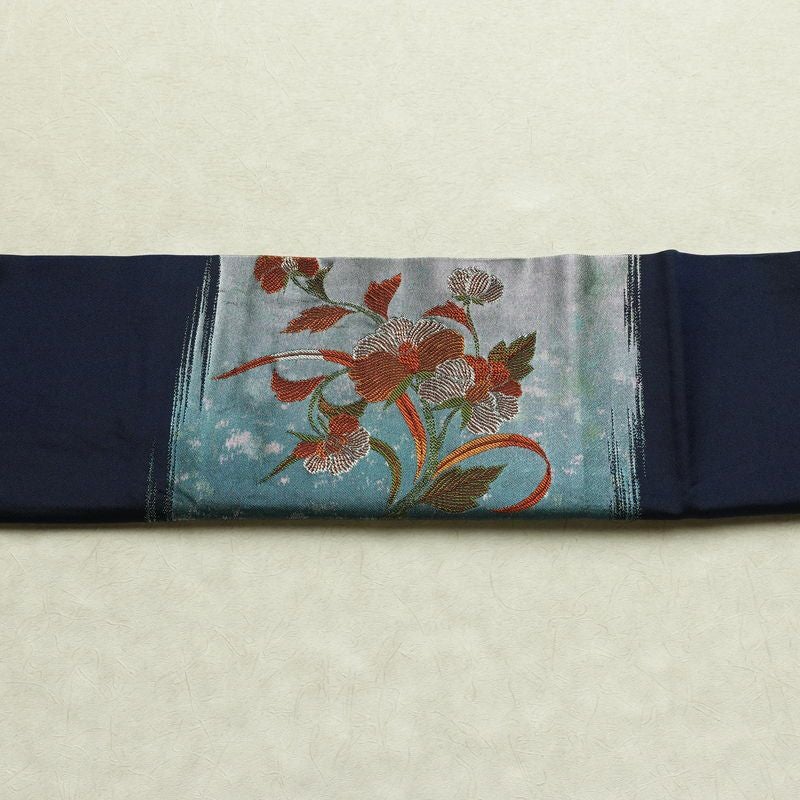 名古屋帯 太鼓柄 正絹 花柄 通し仕立て なごや帯 リサイクル帯 帯 引箔 青・紺_画像15