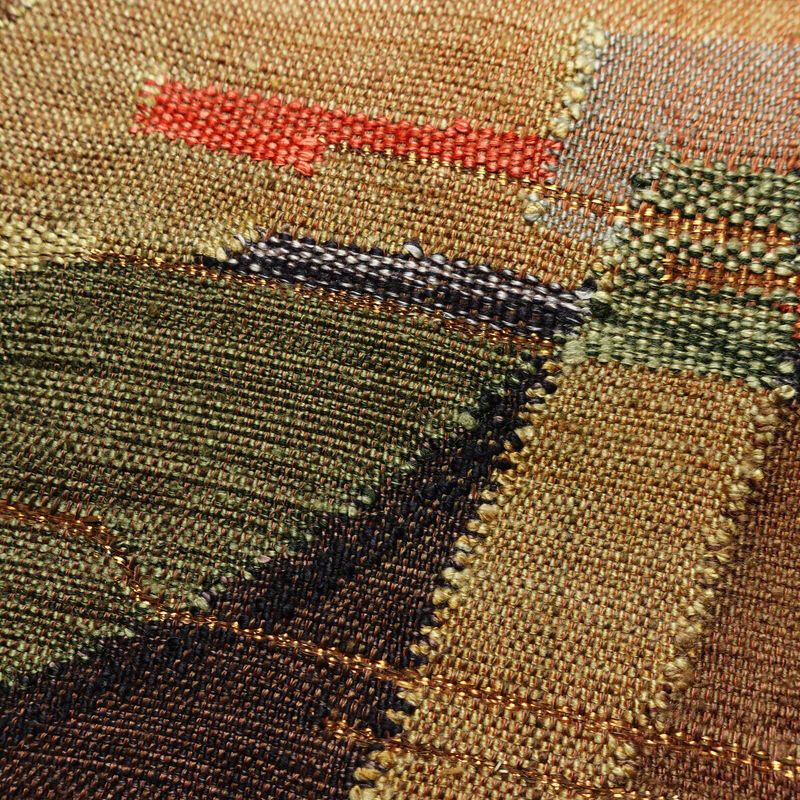 名古屋帯 太鼓柄 美品 正絹 幾何学柄・抽象柄 松葉仕立て なごや帯 リサイクル帯 帯 モダン 紬地 多色使い_画像3