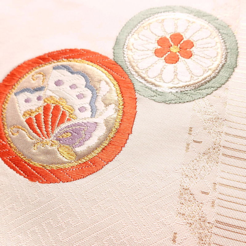 名古屋帯 太鼓柄 正絹 古典柄 名古屋仕立て なごや帯 リサイクル帯 帯 引箔 蝶 ピンク_画像5