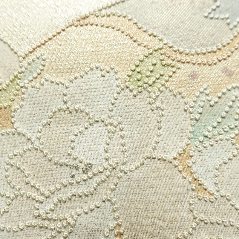 名古屋帯 太鼓柄 相良刺繍 正絹 花柄 名古屋仕立て なごや帯 リサイクル帯 帯 刺繍 クリーム_画像4