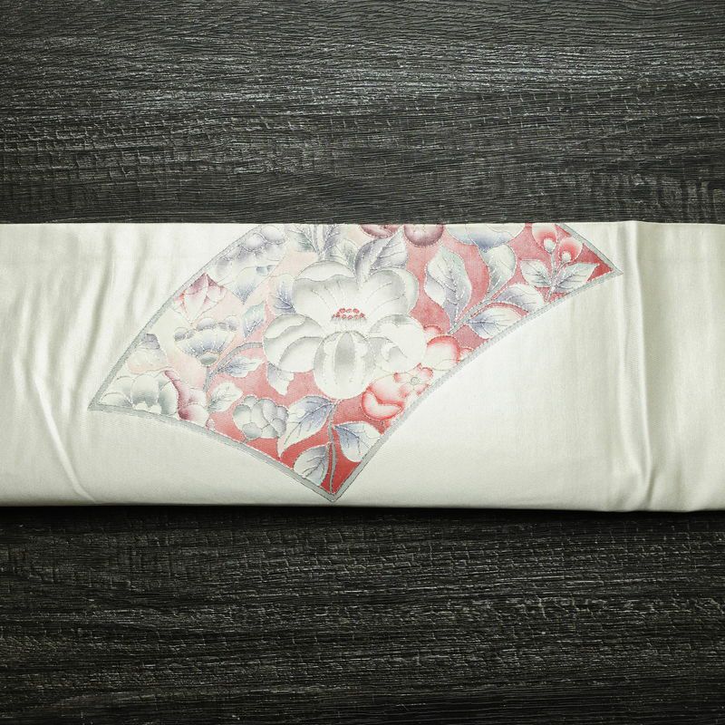 名古屋帯 太鼓柄 正絹 花柄 通し仕立て なごや帯 リサイクル帯 帯 金糸 銀糸 白_画像14