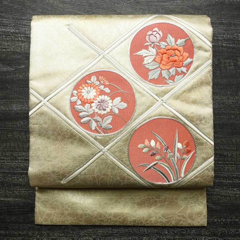 名古屋帯 太鼓柄 良品 正絹 花柄 名古屋仕立て なごや帯 リサイクル帯 帯 刺繍 引箔 銀駒刺繍 金・銀_画像1