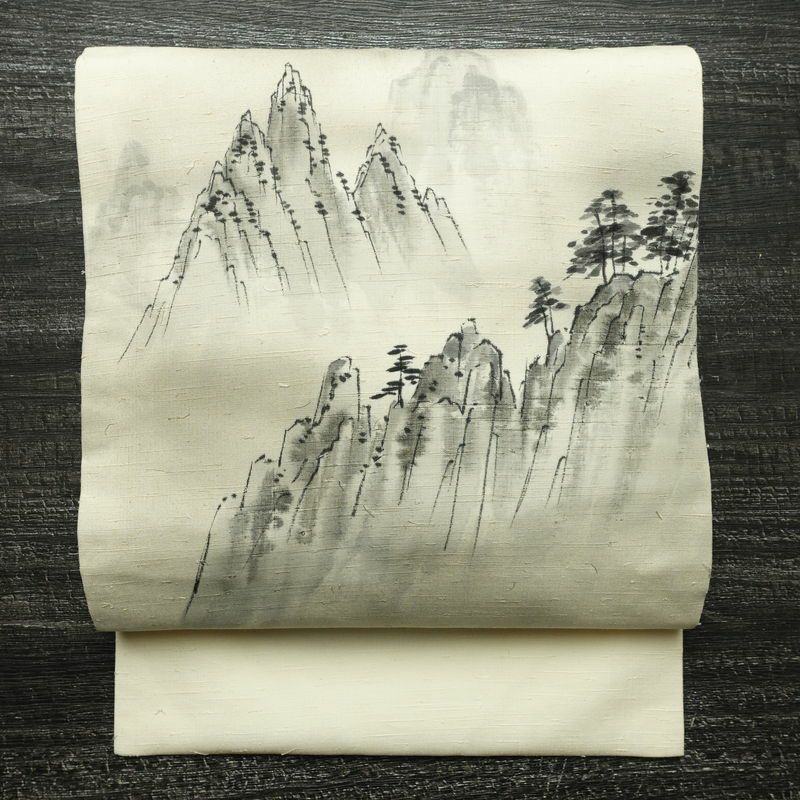 名古屋帯 太鼓柄 正絹 風景柄 名古屋仕立て なごや帯 リサイクル帯 帯 髭紬 シンプル クリーム_画像1